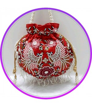 High Quality Mini Potli Bags for Women Fashionable Red with Pearl Decoration and Cotton Lining