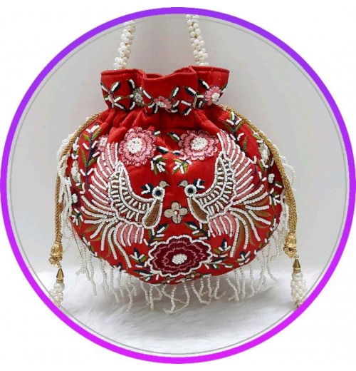 High Quality Mini Potli Bags for Women Fashionable Red with Pearl Decoration and Cotton Lining