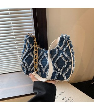 Women Shoulder Bags Quilted Distressed Jean Denim Purse Ladies Portable Pouch Trendy Shoulder Bags